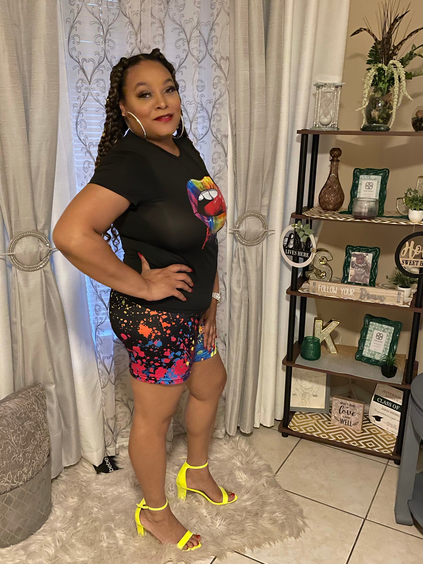 Full Figured Lip Print Biker Short Set