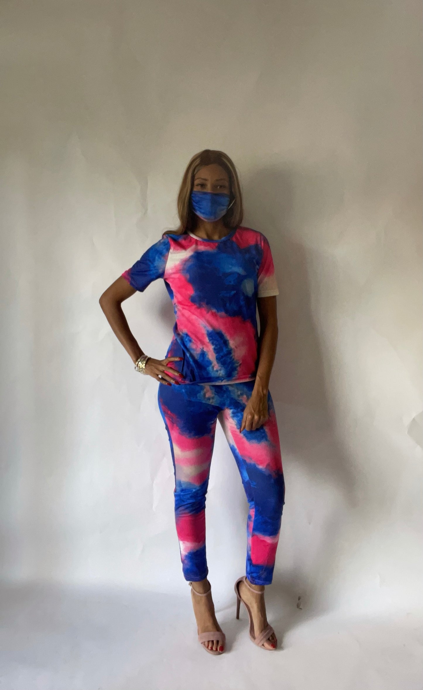 Tie Dye Pink and Blue 2 Piece Set:Mask included