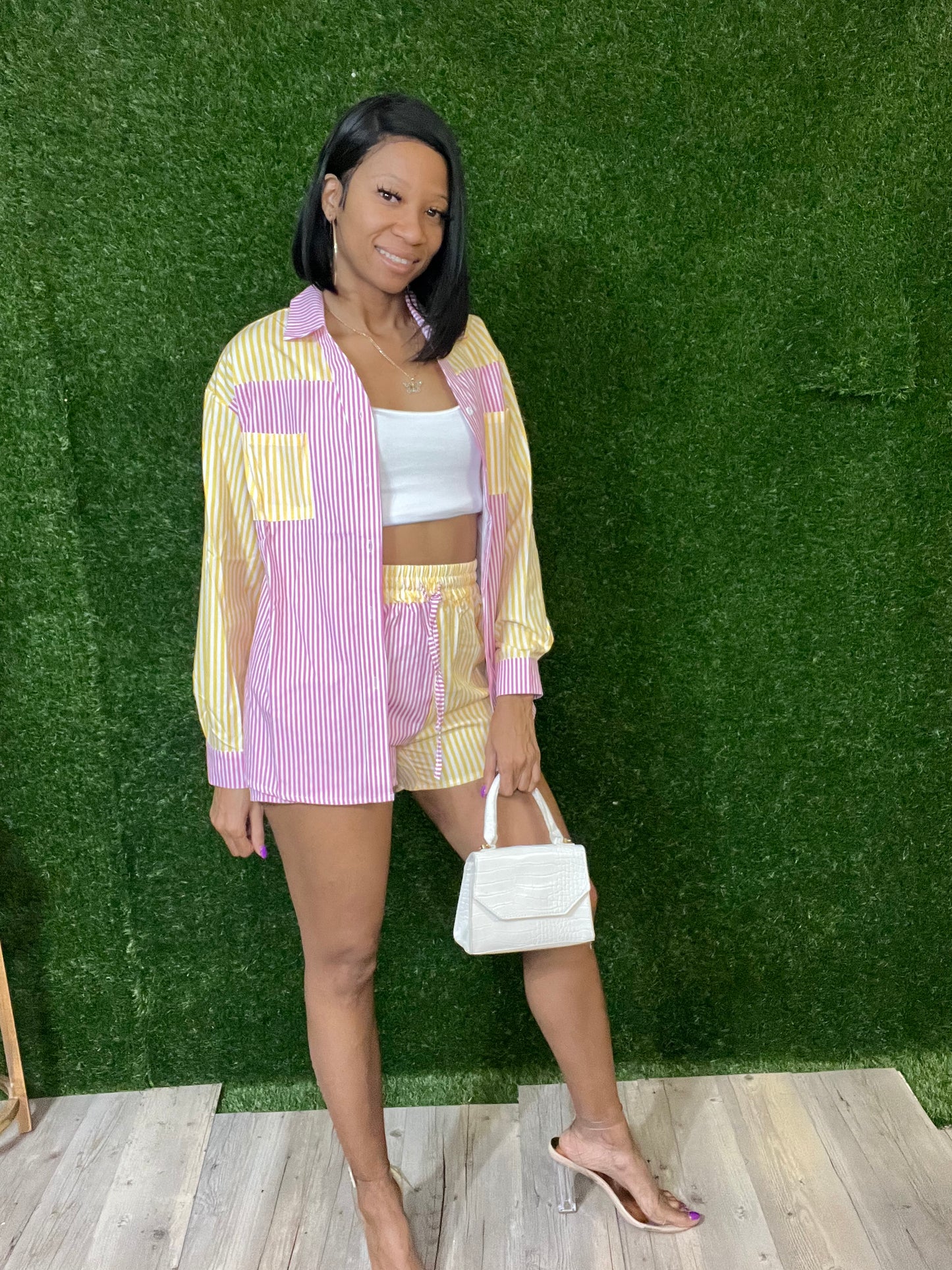 Pink/Yellow Striped Short Set