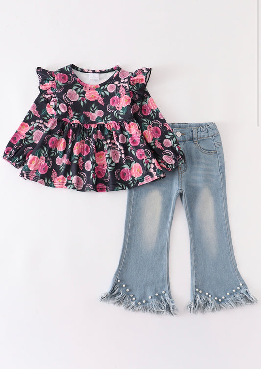 Girls Bells Bottom Ruffle Jean Set Kids