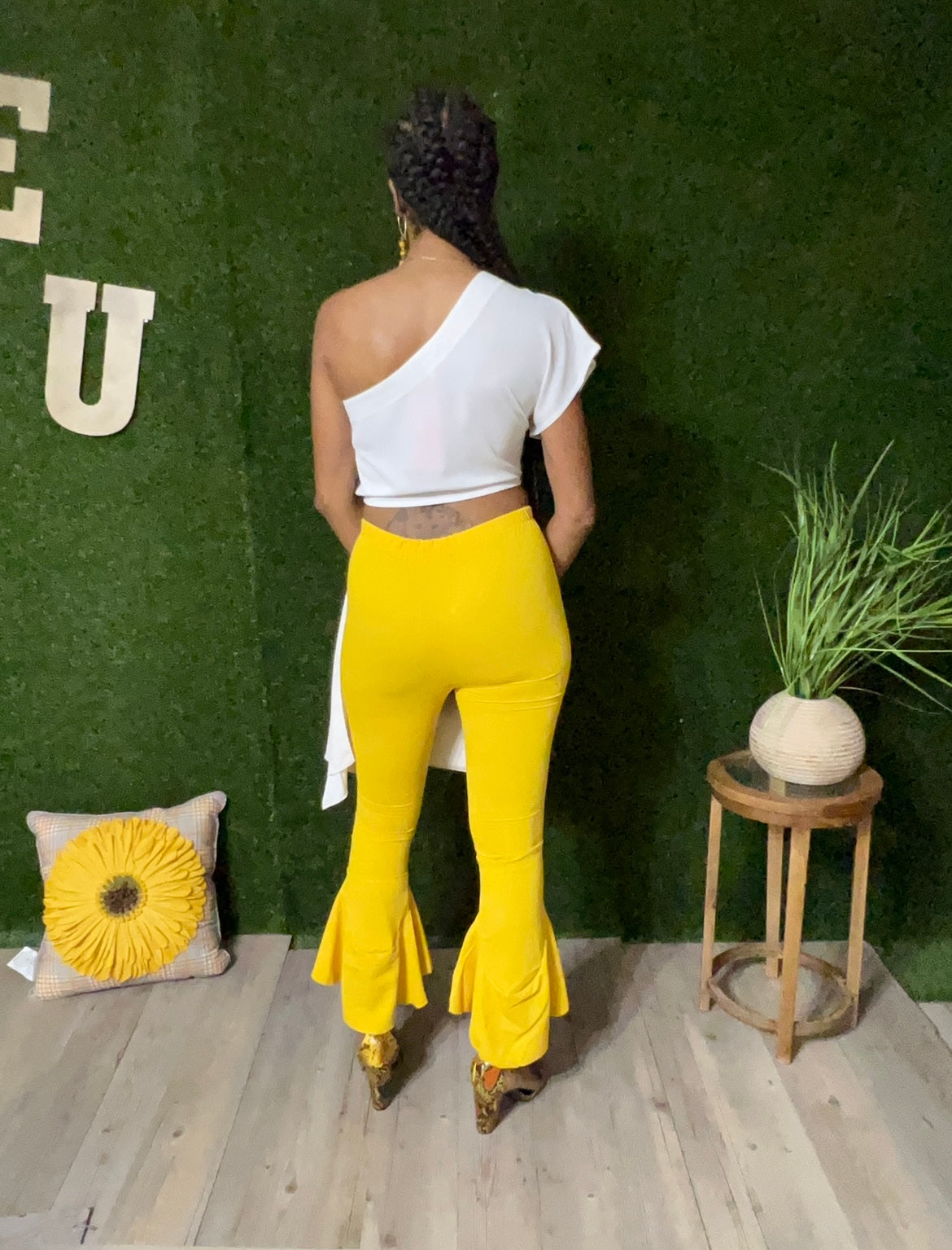 Yellow ruffle leg one shoulder pants set