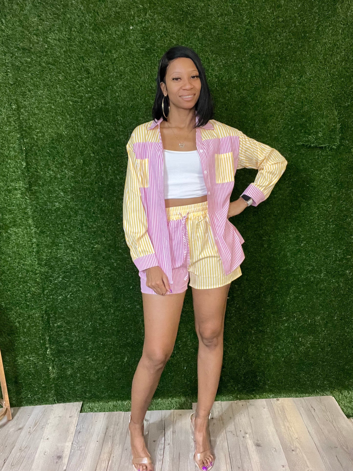 Pink/Yellow Striped Short Set