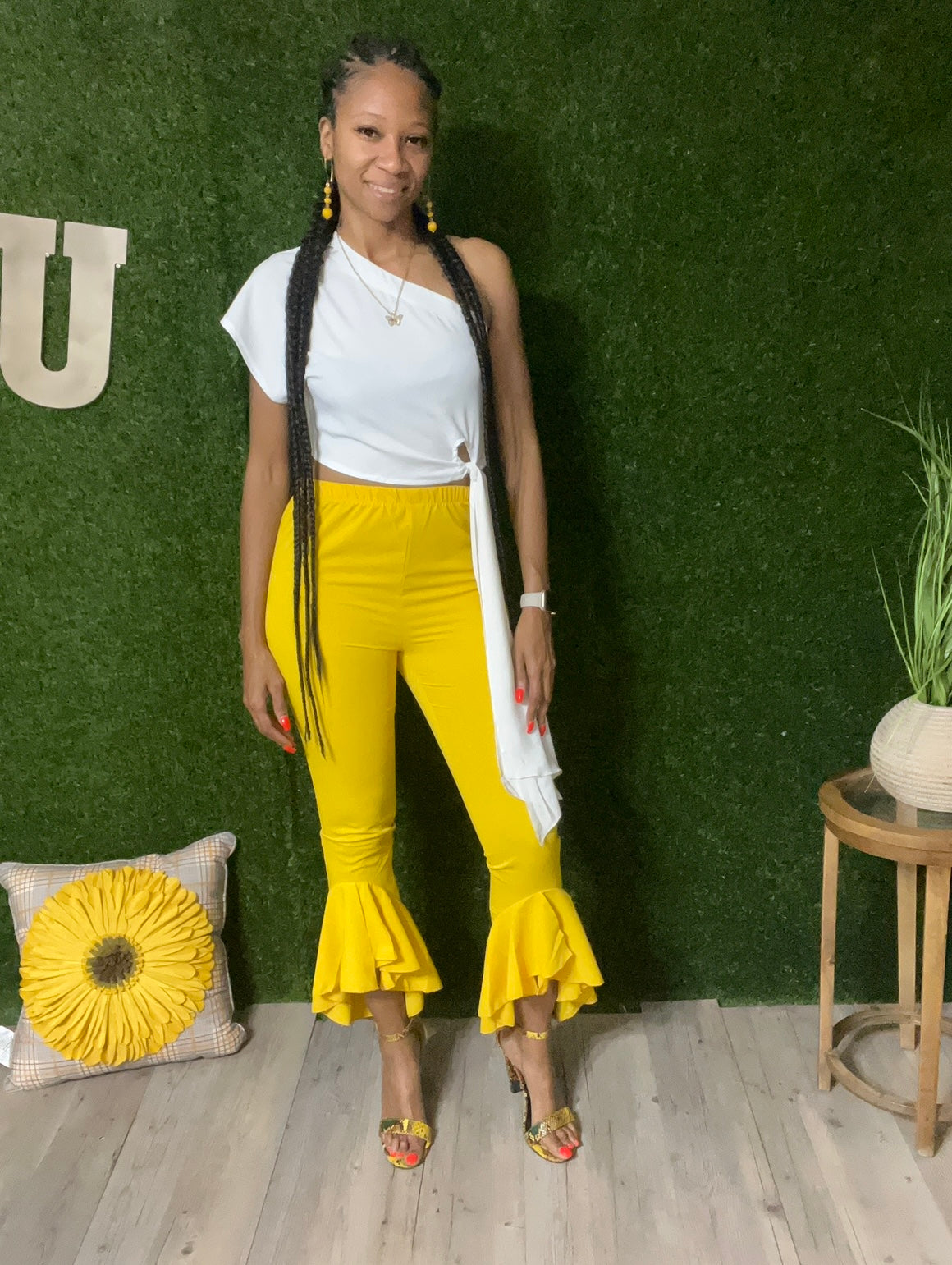 Yellow ruffle leg one shoulder pants set