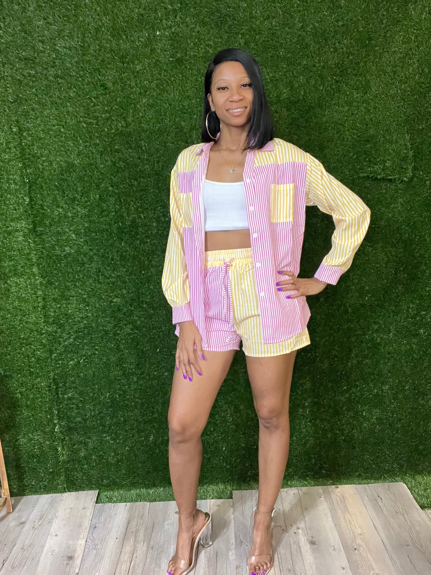 Pink/Yellow Striped Short Set