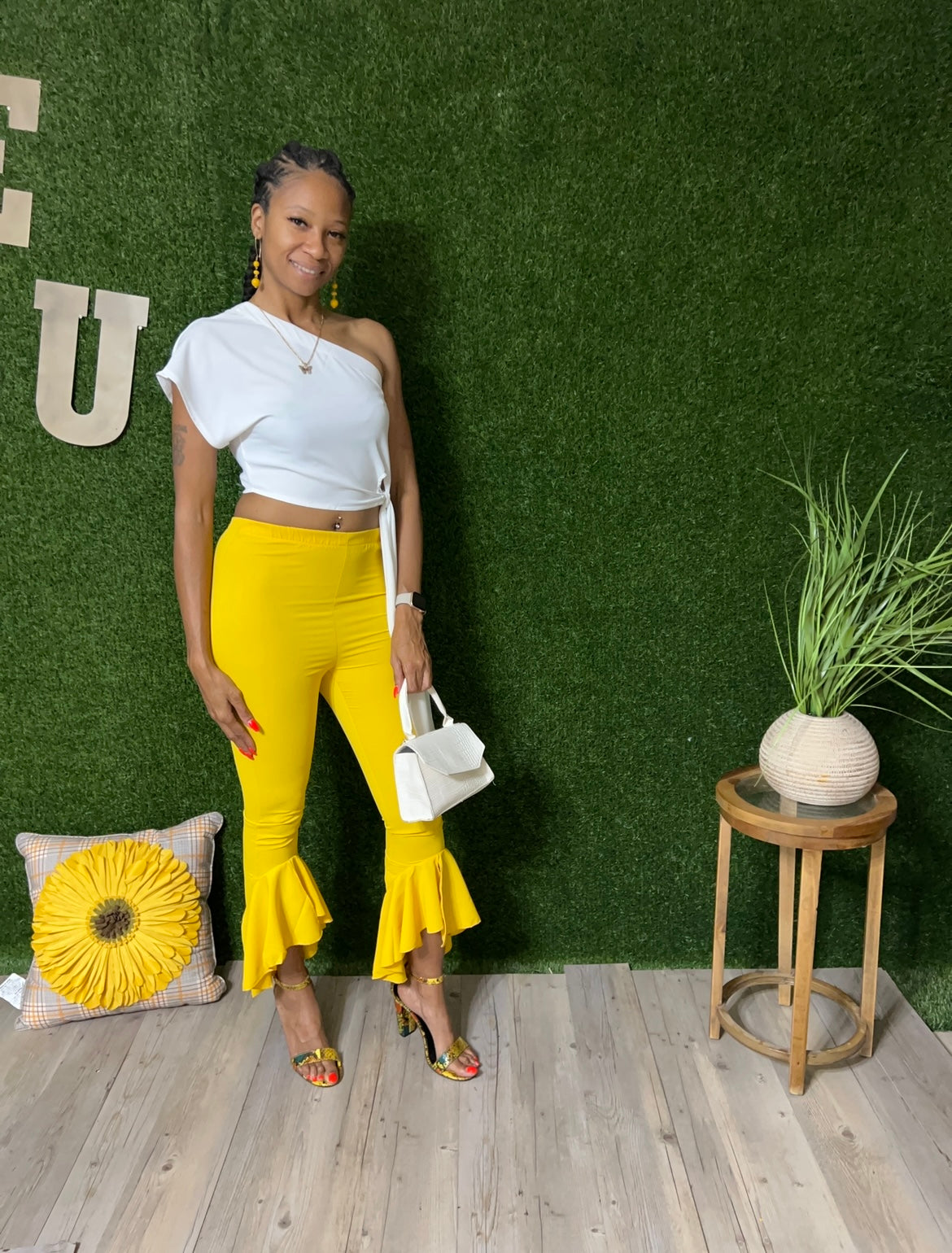 Yellow ruffle leg one shoulder pants set